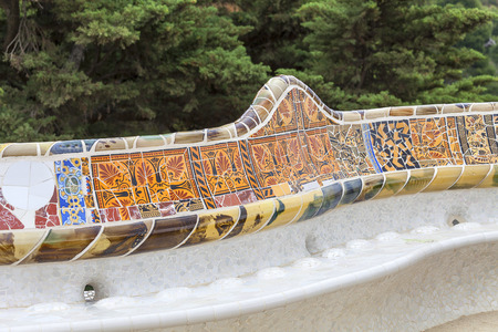 Gaudi multicolored mosaic bench  in Park Guell; Barcelona; Spainの写真素材