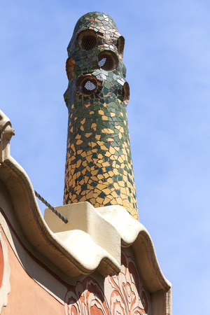 BARCELONA , SPAIN - MAY 13, 2016 : Decorative facade  on Gaudi House Museum with mosaic chimney . Building  located near the Park Guell  in Barcelona was the residence of Antoni Gaudi for almost 20 years, from 1906 to 1925.のeditorial素材