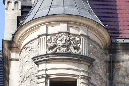 MOSZNA, POLAND - OCTOBER  07, 2016 :Details of facade 17th century  Moszna Castle on a sunny day.It  is a historic castle and residence located in a small village , one of the best known monuments in the western part of Upper Silesia.のeditorial素材