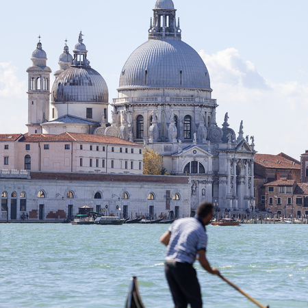 VENICE, ITALY - SEPTEMBER 21, 2017: Baroque  church Santa Maria della Salute, sea view. It was built in the 17th century as a votive thanksgiving after the plague epidemicのeditorial素材