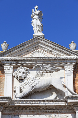 Venetian Arsenal, old shipyard, stone lion, Venice, Italy. Construction of the Arsenal began in the 12th century, it was the largest industrial complex in Europe before the Industrial Revolutionのeditorial素材