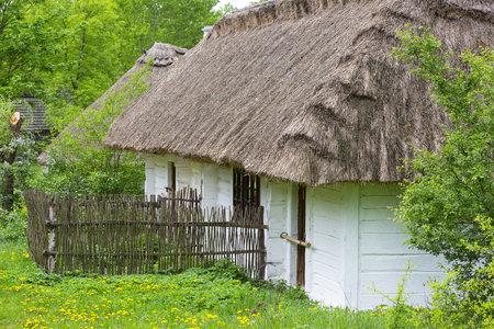 Old traditional polish wooden house in open air museum, Museum of the Kielce Village ( Muzeum Wsi Kieleckiej),  rural landscape, Tokarnia, Polandのeditorial素材