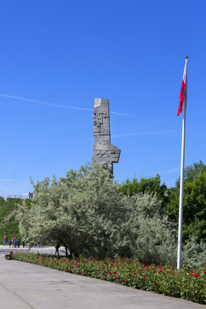 GDANSK - WESTERPLATTE, POLAND - JUNE 5, 2018: Westerplatte Monument in memory of the Polish defenders on the background of blue skyのeditorial素材