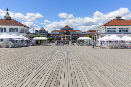 SOPOT, POLAND - JUNE 6, 2018: Wooden Sopot pier in sunny day. View of the Spa Houseのeditorial素材