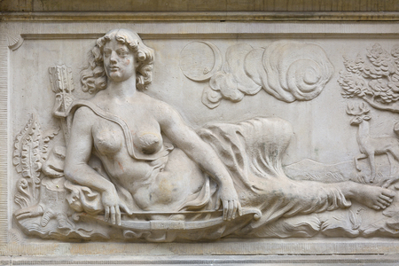 Mariacka street, typical decorative stoop, relief on facade, Main city, Gdansk, Polandのeditorial素材