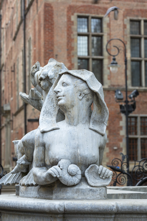 Neptune's Fountain Statue at Long Market  Street,  figures on a pedestal, Gdansk, Poland.の写真素材
