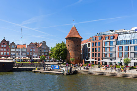 GDANSK, POLAND - JUNE 5, 2018: Swan Tower, 15th century fortification on the Motlawa River, Main...