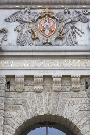 GDANSK, POLAND - JUNE 5, 2018: Decorative bas-relief on the facade of a historic building in the city center, The Upland Gateのeditorial素材