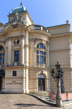 KRAKOW, POLAND - SEPTEMBER 9, 2018: Juliusz Slowacki Theatre, 19th century eclectic building, details of facadeのeditorial素材
