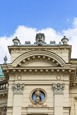 KRAKOW, POLAND - SEPTEMBER 9, 2018:  Juliusz Slowacki Theatre, 19th century eclectic building, details of facadeのeditorial素材