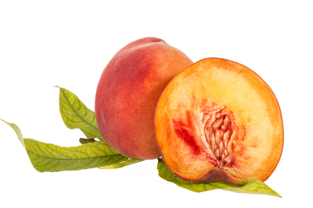 Fresh fruit of peach isolated on white background, whole and halfの写真素材