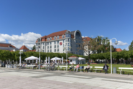SOPOT, POLAND - JUNE 5, 2018: Healing square in front of the Spa House, next to the Sopot Pier, resting peopleのeditorial素材