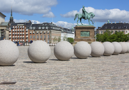 COPENHAGEN, DENMARK - JUNE 22, 2019 :Equestrian statue of King Frederick VII in front of Christiansborg, decorative stone ballsのeditorial素材