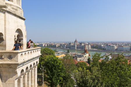 BUDAPEST, HUNGARY - SEPTEMBER 1, 2019: Fisherman Bastion, view on gothic Hungarian Parliament Buildingのeditorial素材