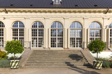 Old Orangery, 18th century classicist hothouse in Warsaw Royal Baths Park, facade, Warsaw, Polandのeditorial素材