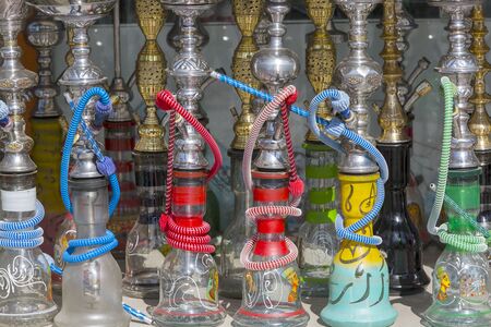 SHARM EL SHEIKH, EGYPT - NOVEMBER 20, 2019: Water pipe shop (hookah), street market stall in the cityのeditorial素材
