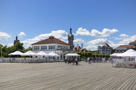 SOPOT, POLAND - JUNE 6, 2018: Wooden Sopot pier in sunny day., Baltic Sea. It is the longest wooden pier in Europe, 511,5 m longのeditorial素材