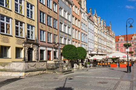 GDANSK, POLAND - JUNE 6, 2018: Colorful medieval townhouses on Long Market street,  Royal Route