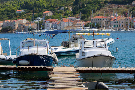 Vis, Vis Island, Croatia - September 8, 2019: View of a typical mediterranean city and port for...
