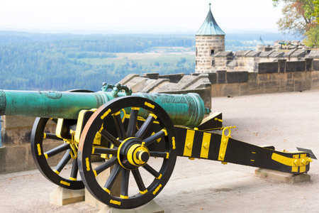 Medieval KÃ¶nigstein Fortress, located on a rocky hill above the Elbe River in Saxon Switzerland, cannon on the defensive walls, KÃ¶nigstein, Germanyのeditorial素材