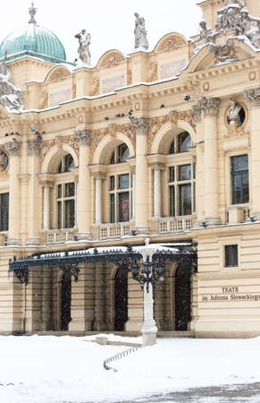 Krakow, Poland - January 17, 2021: Snowy winter in Krakow, Juliusz SÅowacki Theater on Holy Ghost Squareのeditorial素材