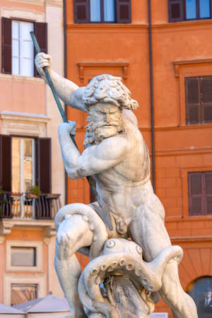 Rome, Italy - October 9, 2020: 16th century Fountain of Neptune (Fontana del Nettuno) located in Piazza Navona. Sculpture of Neptune fighting with an octopusのeditorial素材