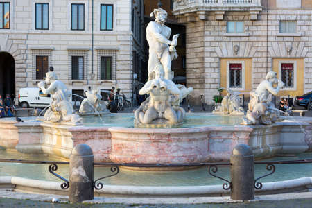 Rome, Italy - October 8, 2020: Fontana del Moro (Moor Fountain) located in Piazza Navona. Designed in the 16th century with the dolphin and four Tritonsのeditorial素材