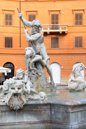 Rome, Italy - October 9, 2020: 16th century Fountain of Neptune (Fontana del Nettuno) located in Piazza Navona. Sculpture of Neptune fighting with an octopusのeditorial素材