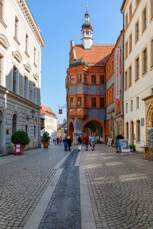 Goerlitz, Germany - September 22, 2020: Schonhof historic tenement at Lower Market Square...
