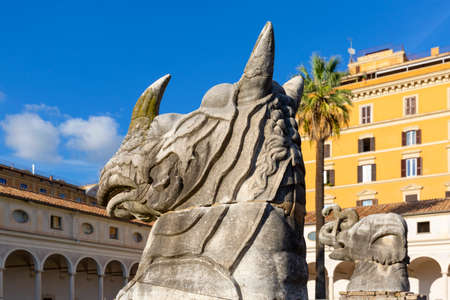 Rome, Italy - October 10, 2020: Giant ancient animal head in 16th-century garden, Cloister of Michelangelo at 3rd century Baths of Diocletian, National Roman Museumのeditorial素材