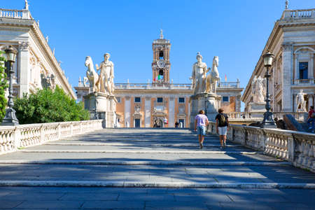 Rome, Italy - October 8, 2020: Capitoline Hill on Piazza del Campidoglio designed by Michelangelo, Michelangelo Capitoline Steps and Senatorial Palace (Palazzo Senatorio)のeditorial素材
