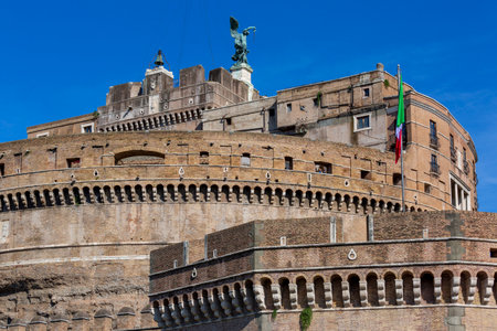 Rome, Italy - October 9, 2020: 2nd century Castle of Saint Angel, mausoleum of Roman Emperor Hadrian, towering cylindrical building, located on the banks of the Tiber Riverのeditorial素材