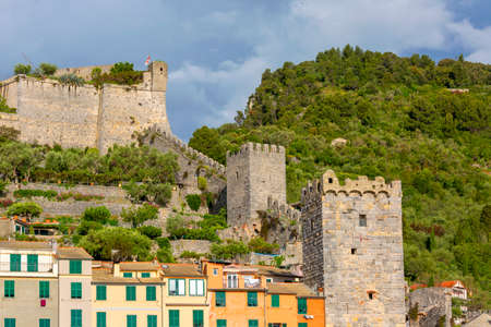 Porto Venere, Cinque Terre - Italy, May 12, 2019: View on medieval Doria Castle and typical colorful houses, Riviera di Levanteのeditorial素材