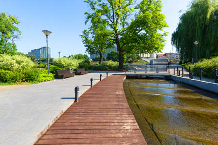 Bydgoszcz, Poland - June 26, 2020: Mill Island surrounded by Brda River and its Mlynowka branch, place with cultural and recreational facilitiesのeditorial素材