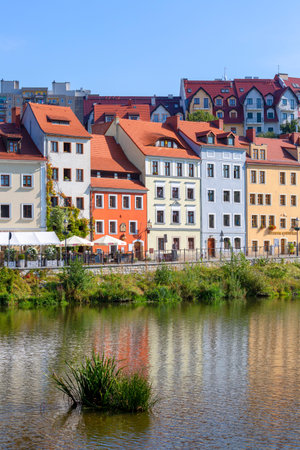 Zgorzelec, Poland - September 22, 2020: Colorful tenement houses on the Nysa Luzycka River (Lusatian...
