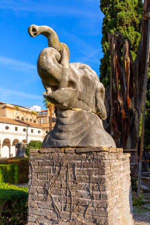 Rome, Italy - October 10, 2020: Giant ancient animal head in 16th-century garden, Cloister of Michelangelo at 3rd century Baths of Diocletian, National Roman Museumのeditorial素材