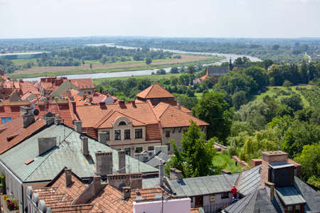 Sandomierz, Poland - July 10, 2020: Aerial view of the old town houses and the bend of the Vistula Riverのeditorial素材
