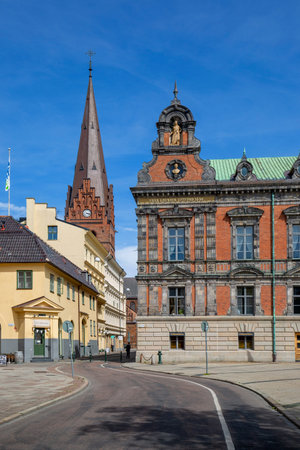 Malmo, Sweden - June 24, 2019: Stortorget, Great Square with historic Town Hall and tower of 14th...