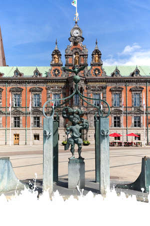 Malmo, Sweden - June 24, 2019: Stortorget, Great Square with historic Town Hall and fountainのeditorial素材