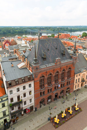 Torun, Poland - June 27, 2020: Aerial view of Old Town Square from the top of Town Hall tower....