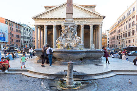 Rome, Italy - October 8, 2020: Pantheon, ancient Roman temple, 2nd century rotunda shaped building on Campus Martius. Baroque Fountain of the Pantheon with Egyptian obeliskのeditorial素材