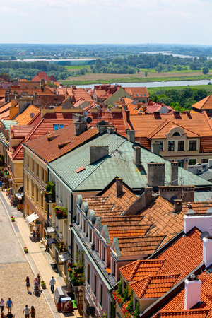 Sandomierz, Poland - July 10, 2020: Aerial view on market of 13th century city with colorful tenement houses. Sandomierz is known for its Old Town, which is a major tourist attraction.のeditorial素材