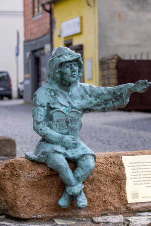 Olkusz, Poland - June 9, 2021: Bronze figure of miner in a small town near Krakow, remains of the fortifications of the SÅawkowska Gateのeditorial素材
