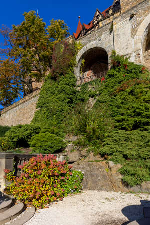 Walbrzych, Poland - October 1, 2021: Ksiaz Castle, medieval mysterious 13th century fortress, garden with beautiful plants and flowers. It is the third largest castle in Polandのeditorial素材