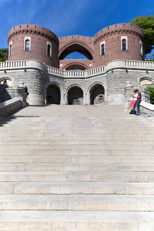 Helsingborg, Sweden - June 23, 2019: Terrasstrapporna, monumental staircase with terraces in the Konung Oscar II complex besides the fortress tower Karnanのeditorial素材