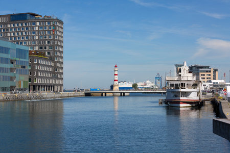 Malmo, Sweden - June 24, 2019: Lighthouse in the port on the Baltic Sea