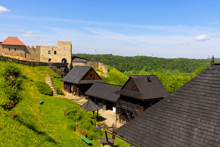 Dobczyce, Poland - June 4, 2021: Open-air museum of wooden folk architecture, the wooden...