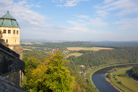 Stolpen, Germany - September 24, 2020: Medieval KÃ¶nigstein Fortress with Friedrichsburg, located on a rocky hill above the Elbe River in Saxon Switzerlandのeditorial素材