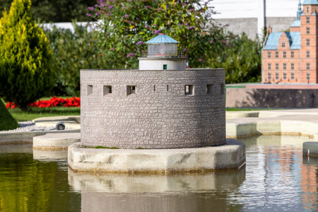Miedzyzdroje, Poland - September 15, 2022: Baltic Park of Miniatures, small replica in the scale 1:25 of Christianso Lighthouse in Denmarkのeditorial素材