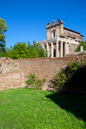 Rome, Italy - October 8, 2020: Remains of Temple of Antoninus and Faustina in Forum Romanum. Temple later became the Roman Catholic Church, Chiesa di San Lorenzo in Mirandaのeditorial素材